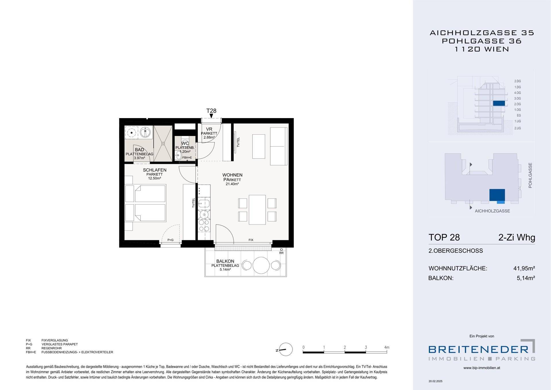 Grundriss der Wohnung TOP 28 mit einem Schlafzimmer, Wohnbereich und Balkon.