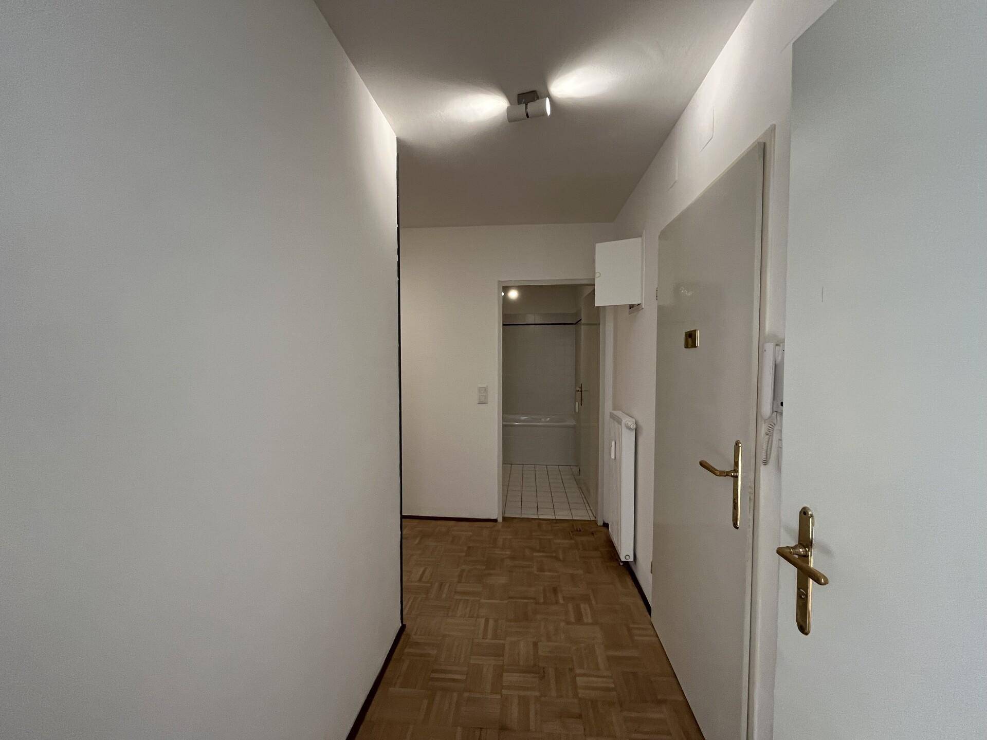 Heller Flur mit Parkettboden und Zugang zu weiteren Räumen, inklusive der Eingangstür.
