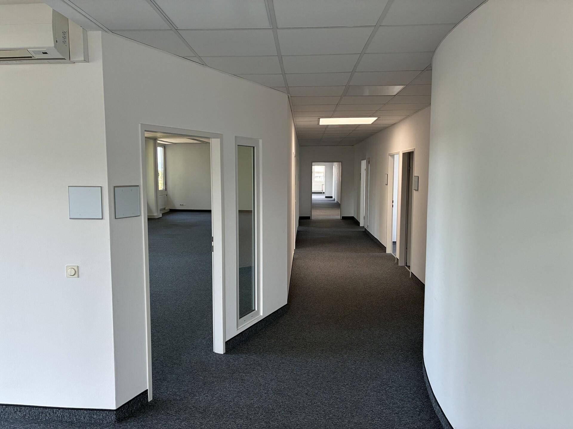 Langer Bürogang mit Teppichboden und mehreren Türen, die zu verschiedenen Büroräumen führen.