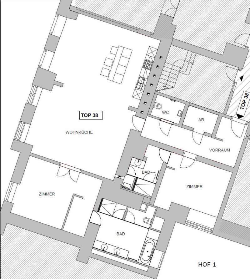 Grundriss der Wohnung mit offener Wohnküche, zwei Bädern und mehreren Zimmern, inklusive Abstellraum.
