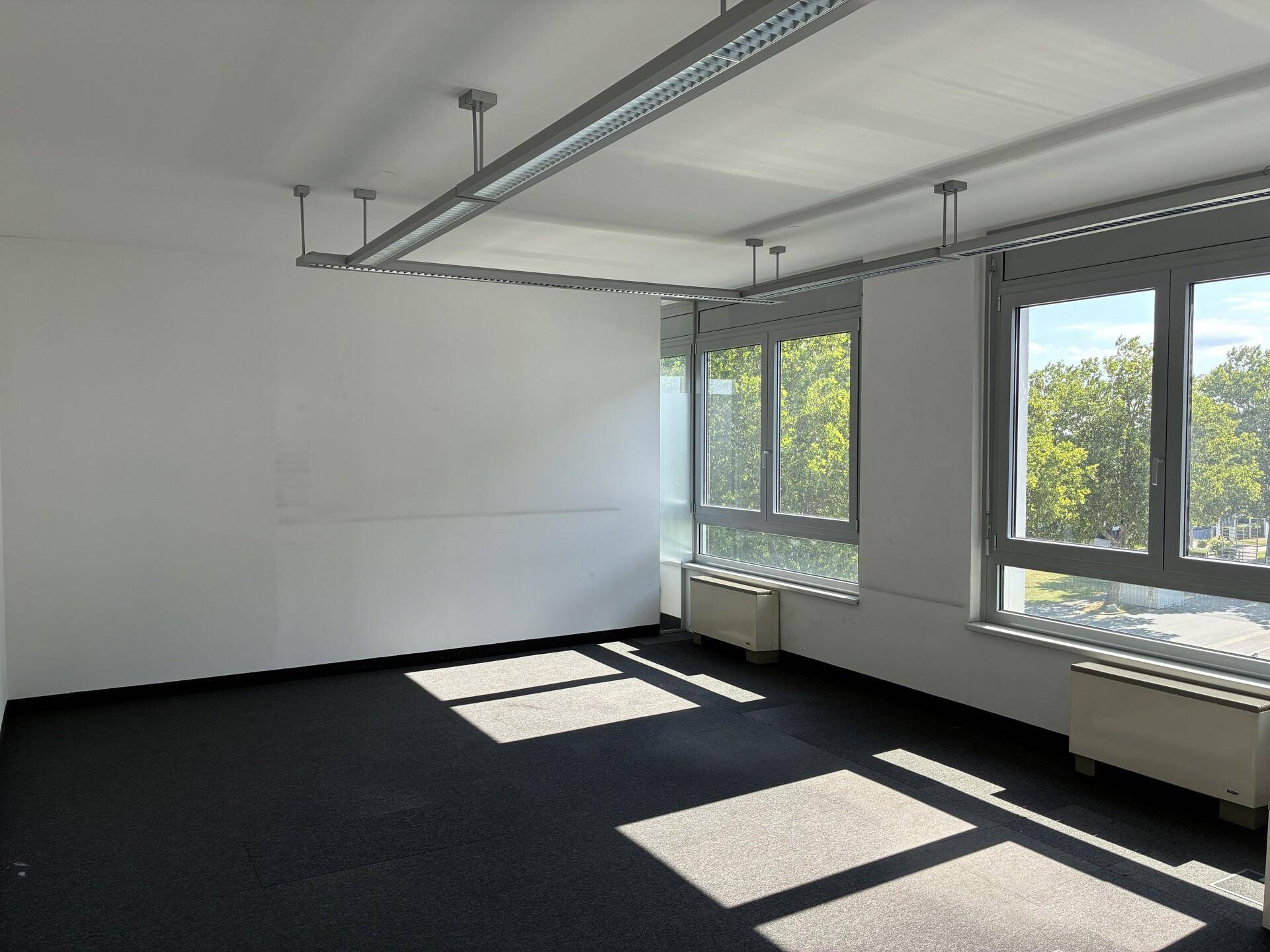 Geräumiges Büro mit Teppichboden, großen Fenstern und viel Tageslicht.