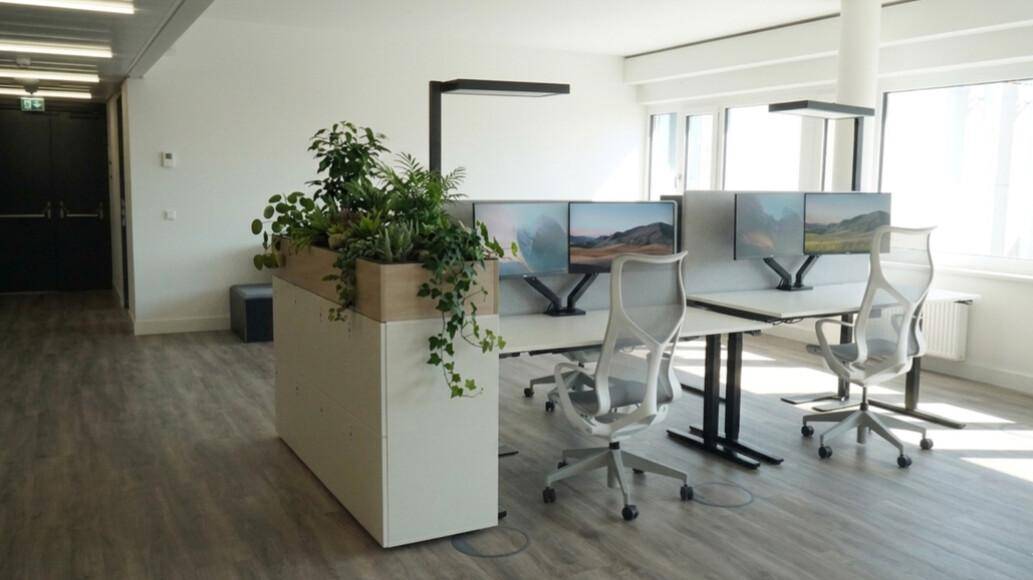 Heller Bürobereich mit mehreren Arbeitsplätzen, ergonomischen Stühlen und Pflanzen zur Raumgestaltung.