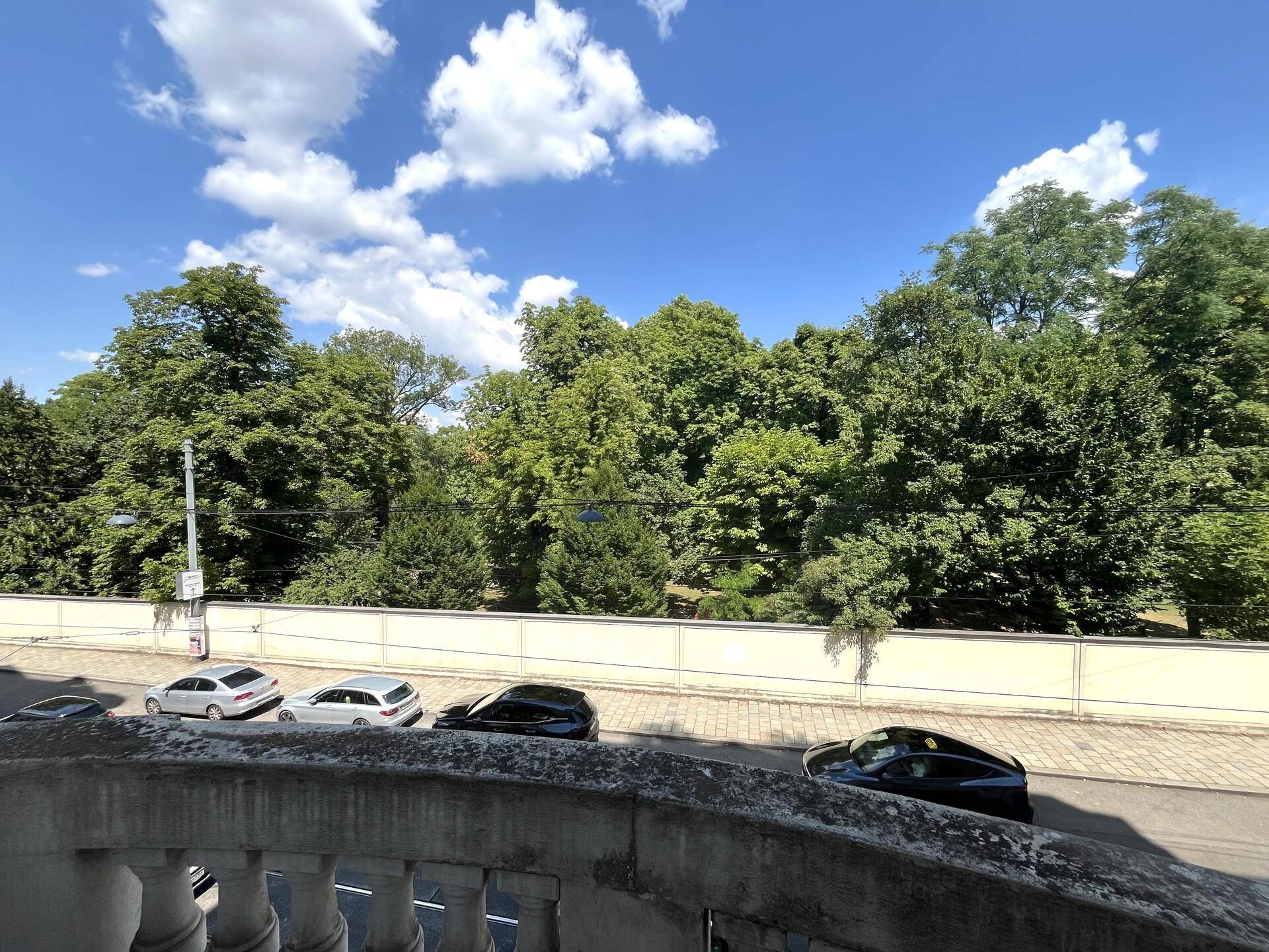 Grüner Ausblick von einem Balkon mit Balustrade auf Bäume und eine ruhige Straße.