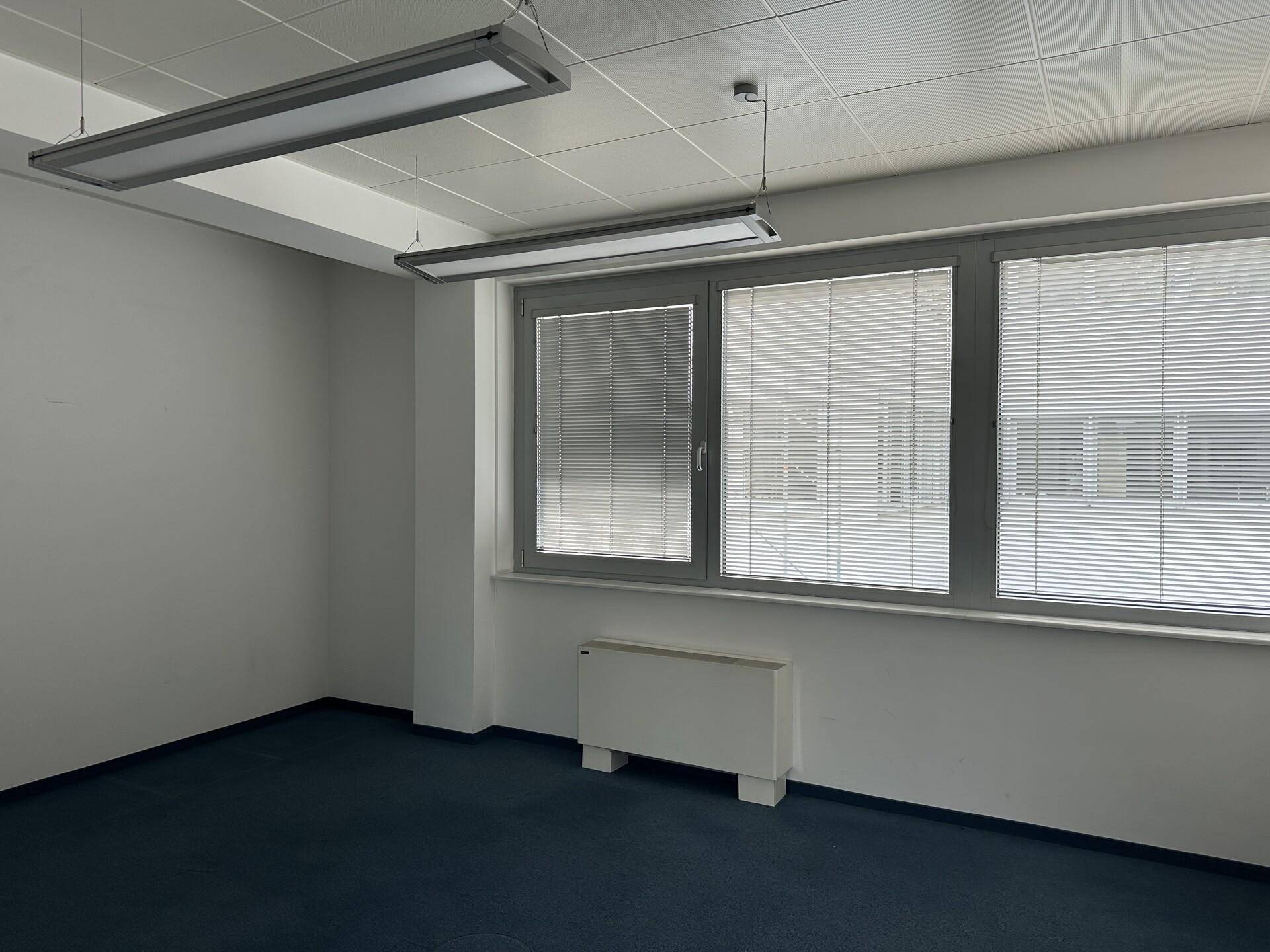 Kleines Büro mit Fenster, Jalousien, blauem Teppichboden und weiß gestrichenen Wänden.