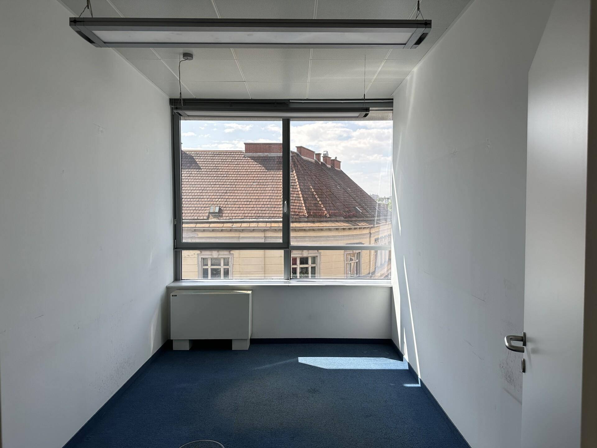 Kompaktes Büro mit großem Fenster, Blick auf die Dächer und blauem Teppichboden.