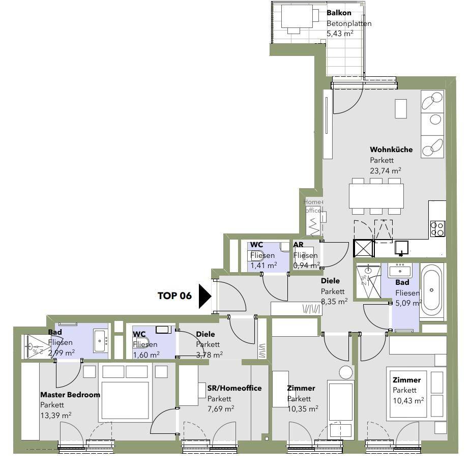 Detaillierter Grundriss der Wohnung mit Wohnküche, Schlafzimmern und Bädern.
