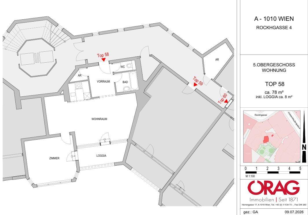 Grundriss der Wohnung Top 58 im 5. Obergeschoss mit Loggia und Zimmeraufteilung.
