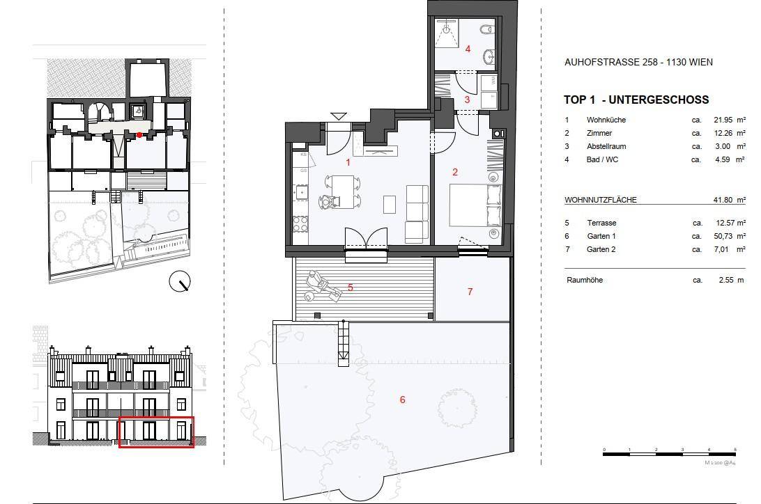 Grundriss des Untergeschosses mit Wohnküche, Zimmer, Bad und zwei Gärten.