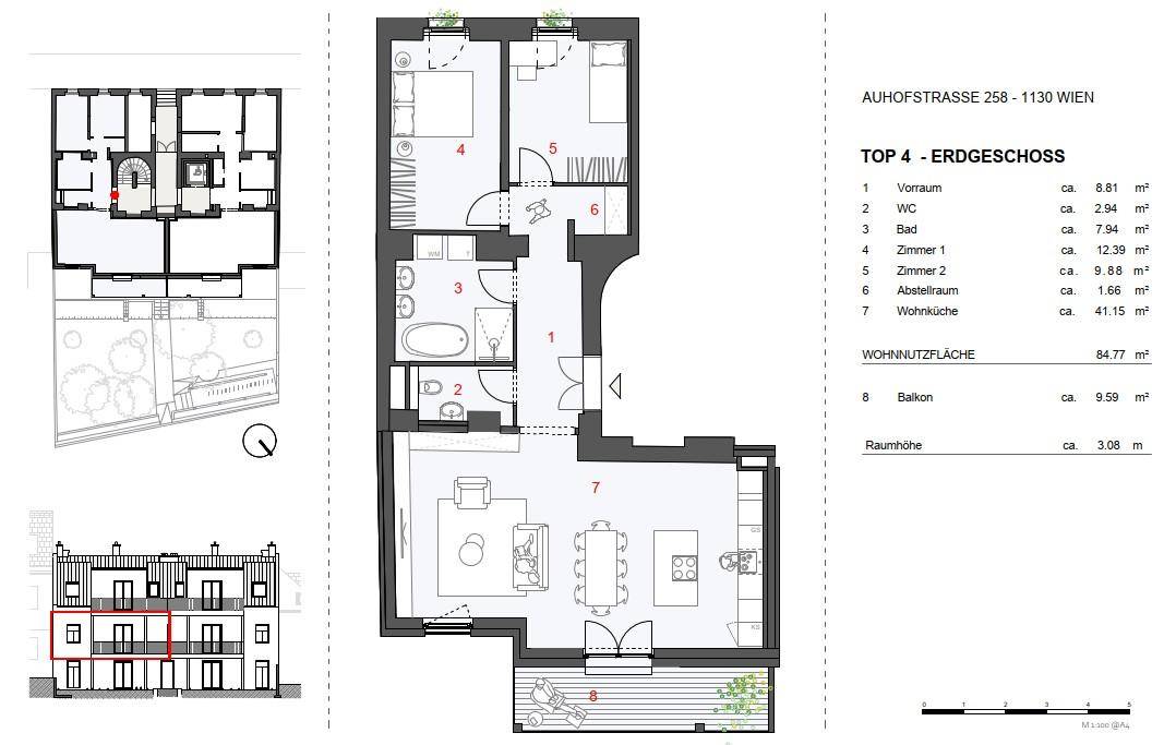 Detaillierter Grundriss der Erdgeschosswohnung mit Balkon und offener Wohnküche.