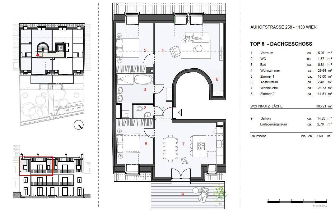 Grundriss der Dachgeschosswohnung Top 6 mit Balkon und offenem Wohnbereich.