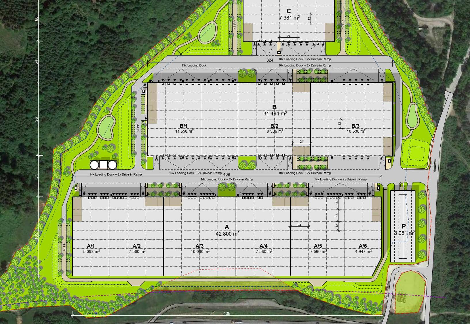 Detaillierter Lageplan des VGP Parks mit Gebäuden A, B und C, sowie Zufahrten und Laderampen.
