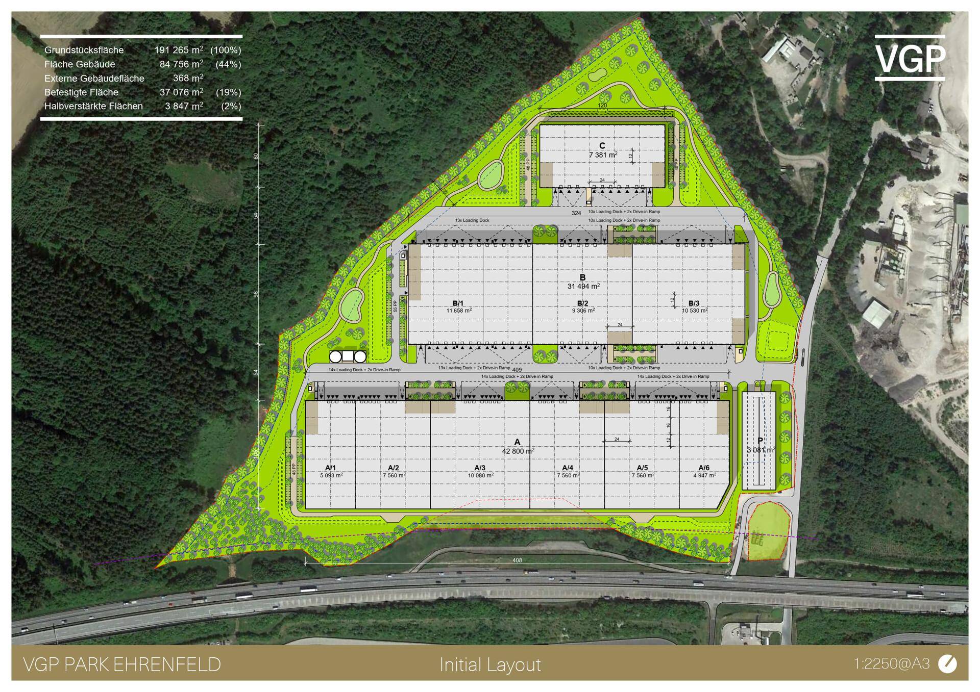 Übersichtsplan des VGP Parks Ehrenfeld mit mehreren Lagerhallen, Zufahrten und Grünflächen.