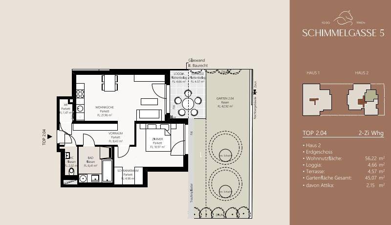 Grundriss einer 2-Zimmer-Wohnung mit Wohnküche, Bad, Loggia, Terrasse und eigenem Garten.