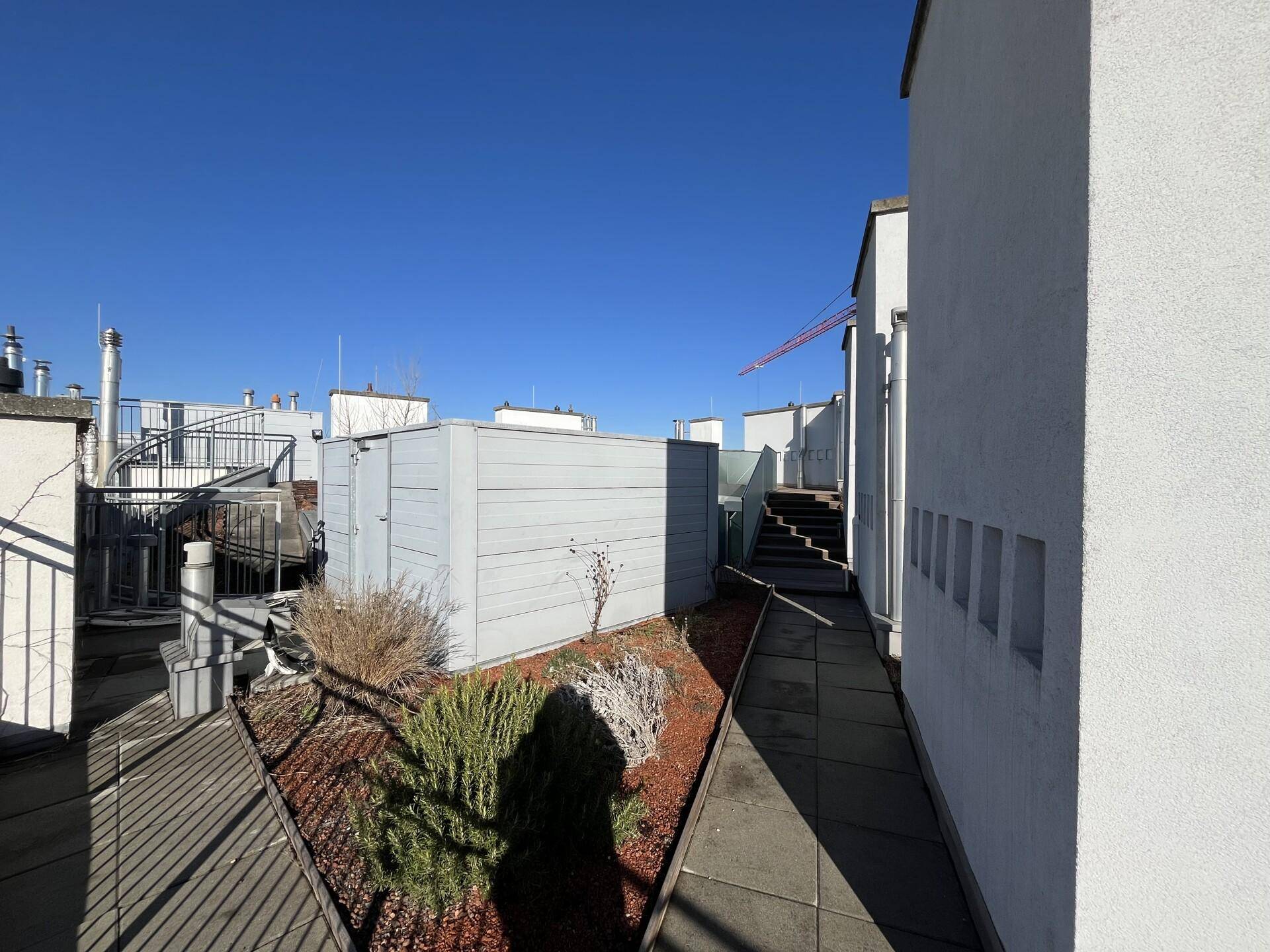 Außenbereich auf dem Dach mit Pflanzenbeeten und Zugang zu weiteren Ebenen.