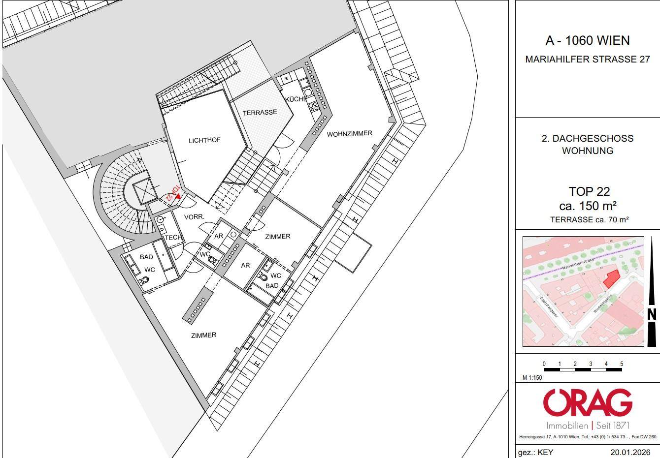 Grundriss der Dachgeschosswohnung mit Wohnzimmer, Küche, Zimmern und Terrasse.
