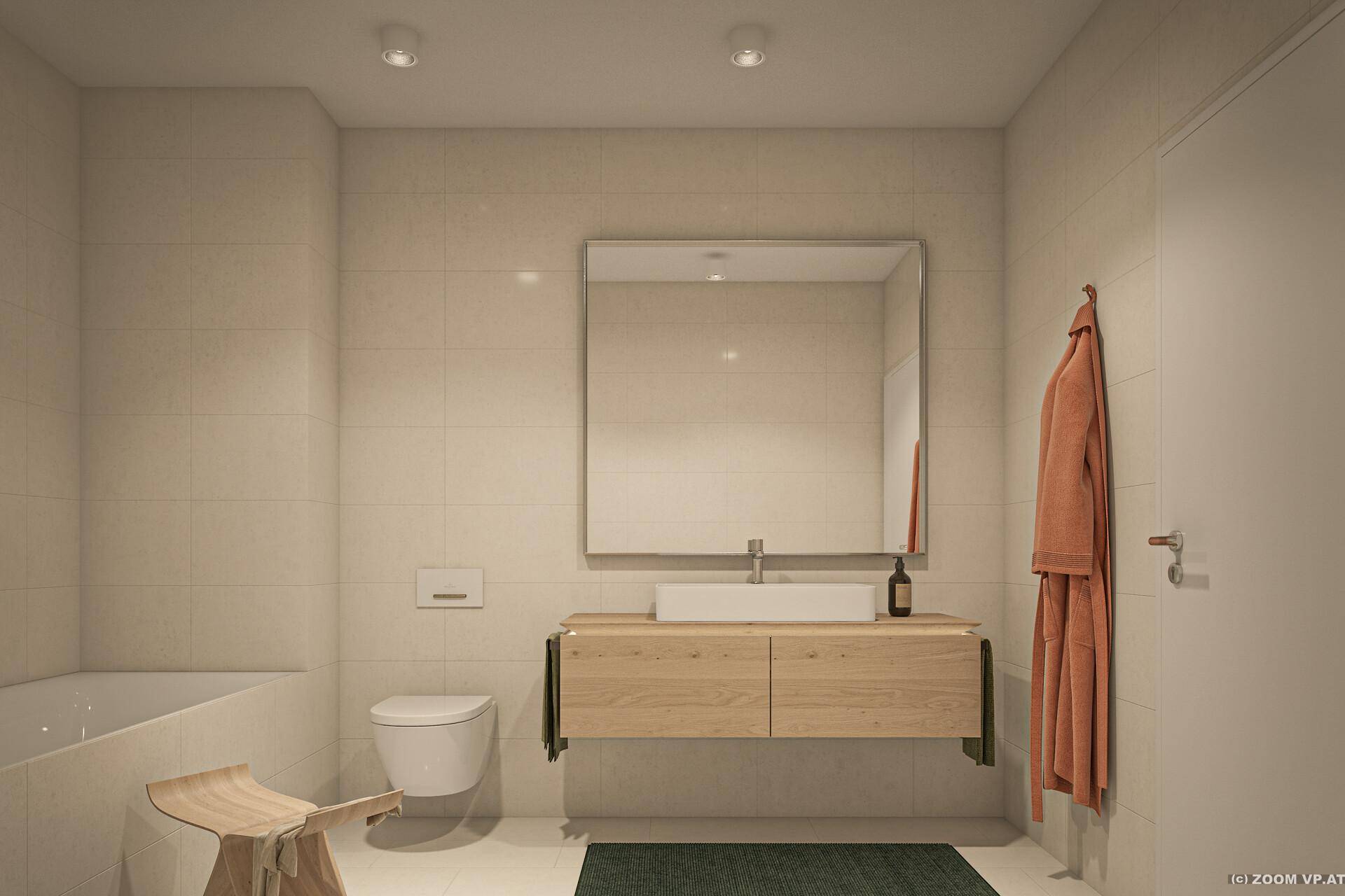 Modernes Badezimmer mit hellen Fliesen, schwebendem Waschtisch und integrierter Badewanne.