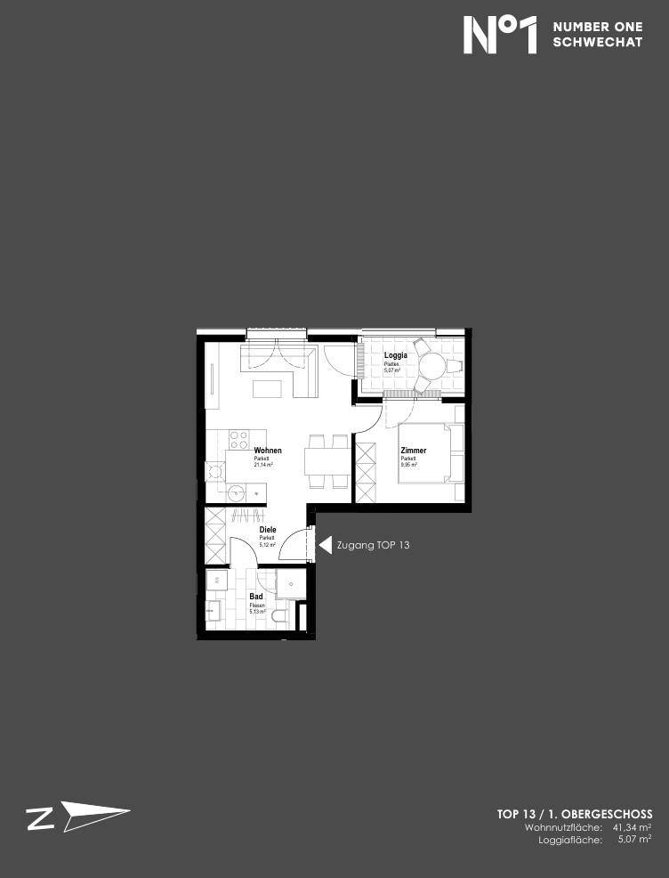 Grundriss einer Wohnung im ersten Obergeschoss mit Wohnbereich, Zimmer, Bad und Loggia.