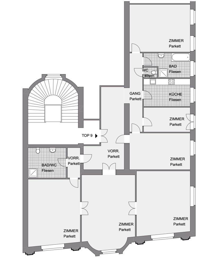 Detaillierter Grundriss einer Wohnung mit mehreren Zimmern, Küche und Bädern, alle mit Parkett oder Fliesen.