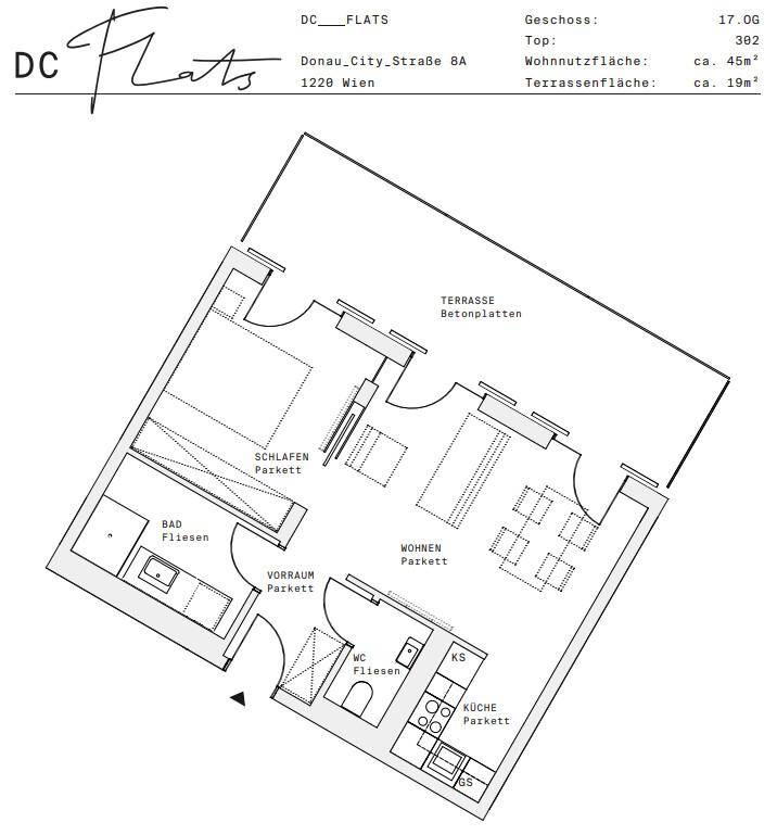 Grundriss einer Wohnung mit einem Schlafzimmer, Bad, Wohnbereich, Küche, WC und großer Terrasse.