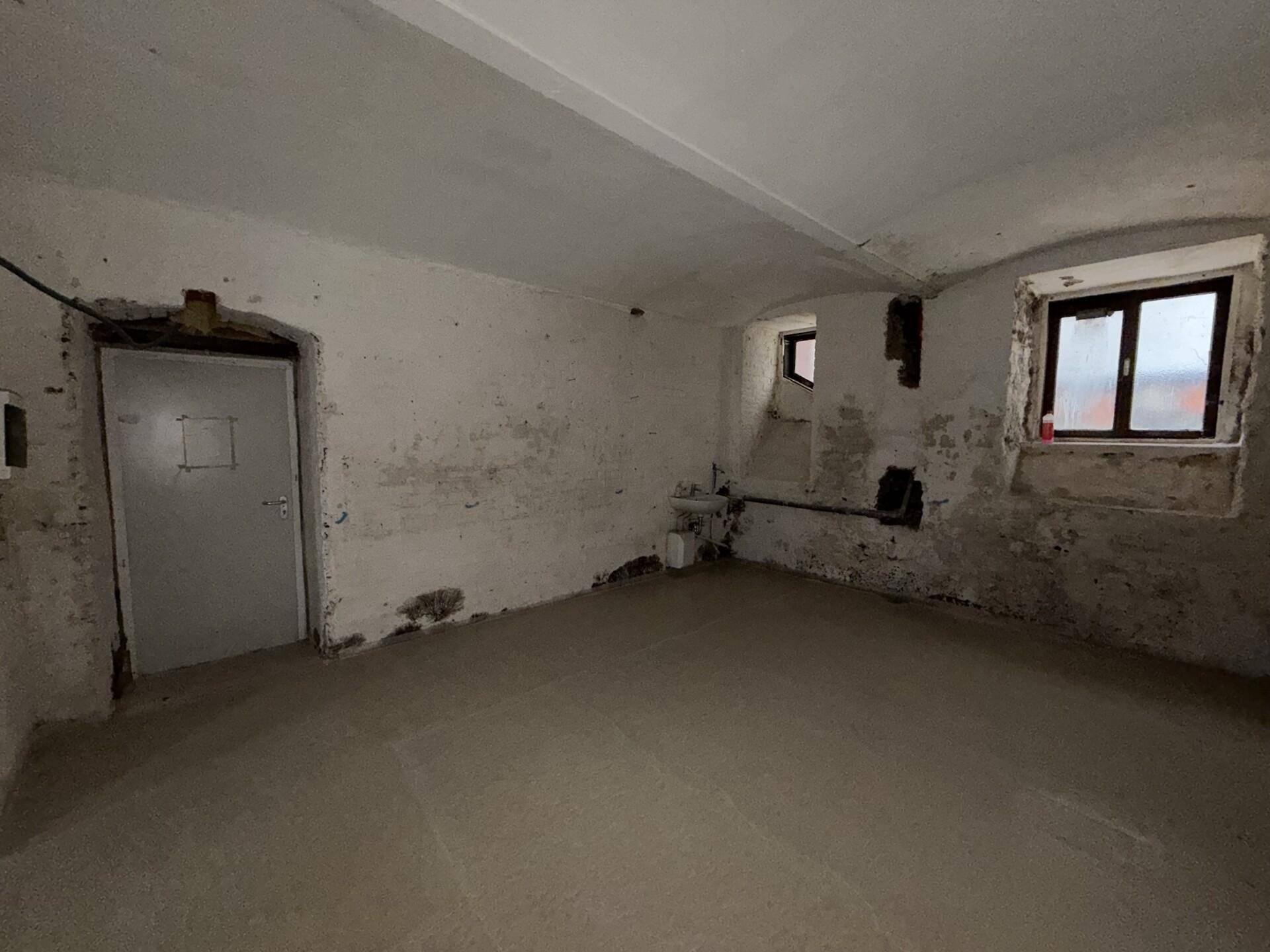 Kellerraum mit einer Tür, kleinen Fenstern und sichtbaren Leitungen an den rohen Wänden.