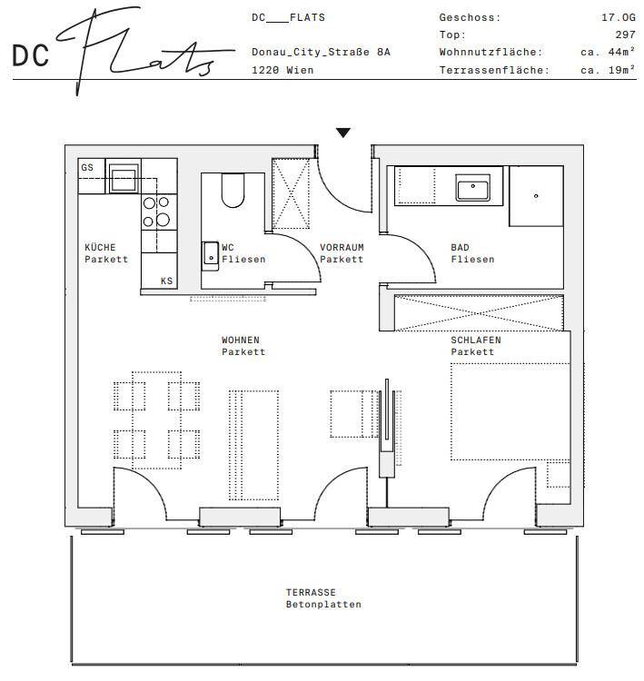 Grundriss einer Wohnung mit 44m² Wohnfläche und 19m² Terrasse im 17. Stock.