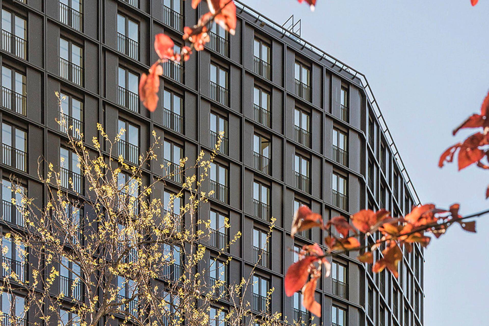 Detailansicht der modernen Fassade eines Hochhauses mit vielen Fenstern und roten Blättern.