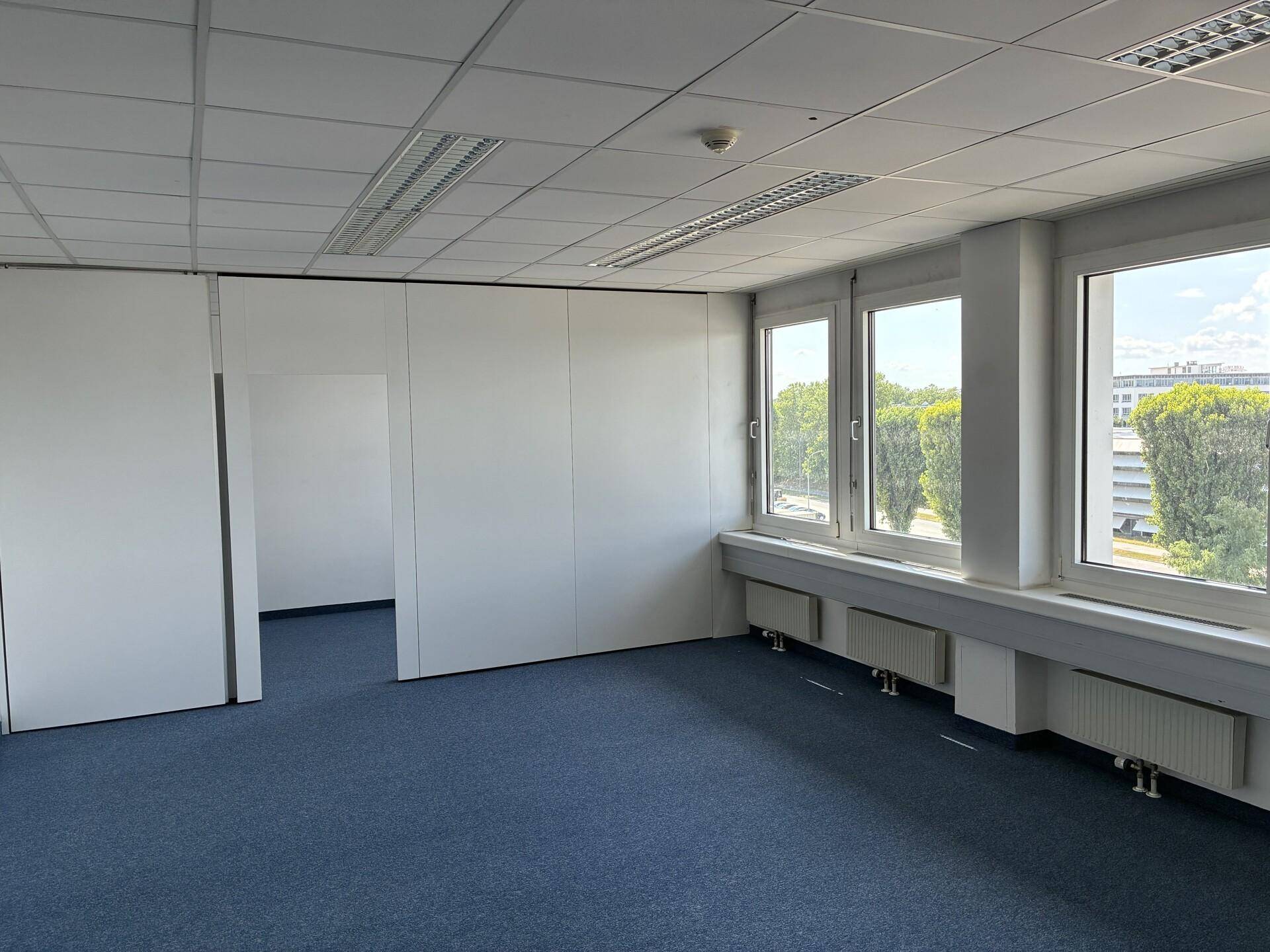 Bürofläche mit blauer Teppichboden, weißen Trennwänden und großen Fenstern mit Blick ins Grüne.