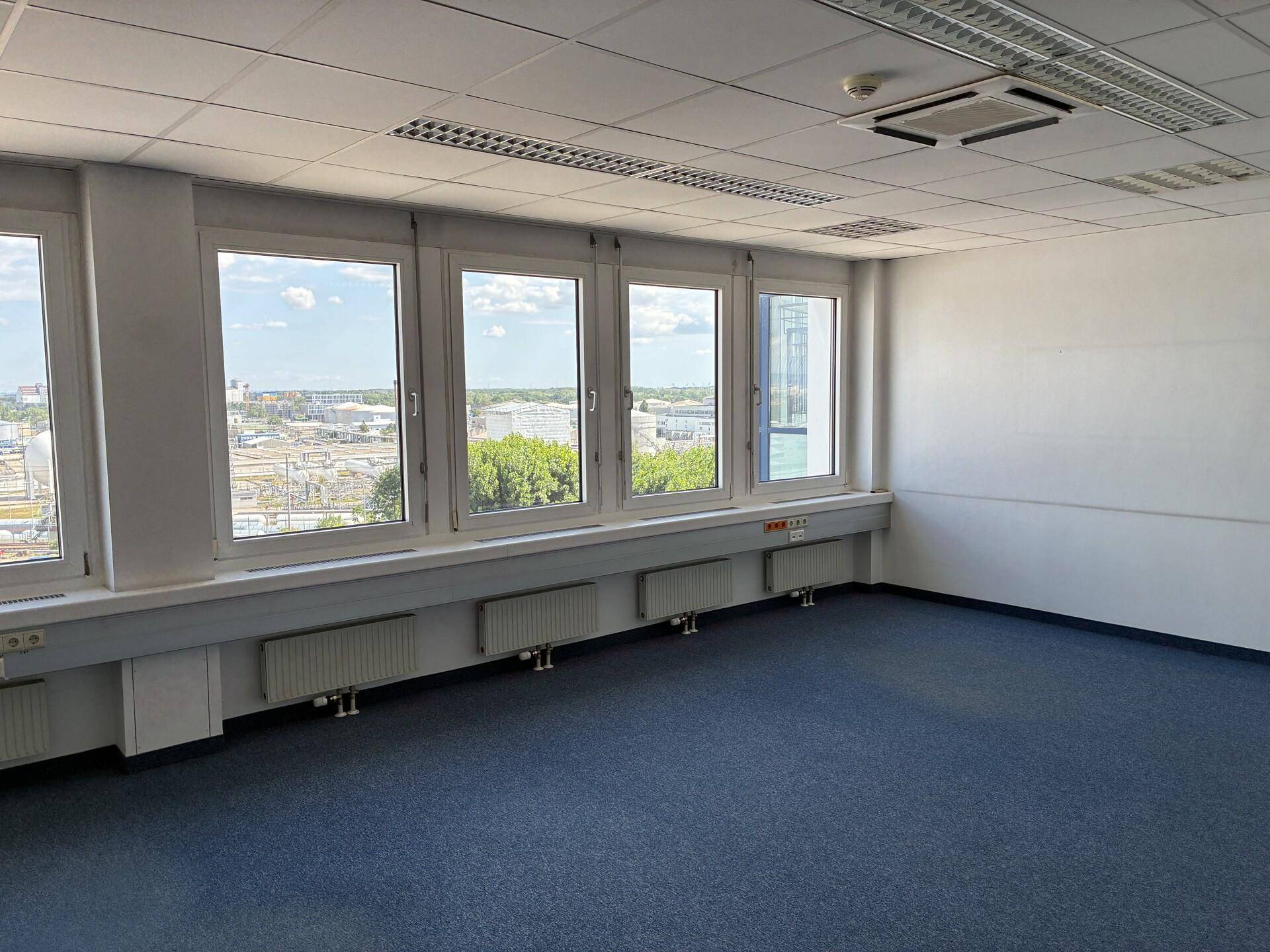 Helles Büro mit blauer Teppichboden, großen Fenstern und Heizkörpern unter einer Rasterdecke.