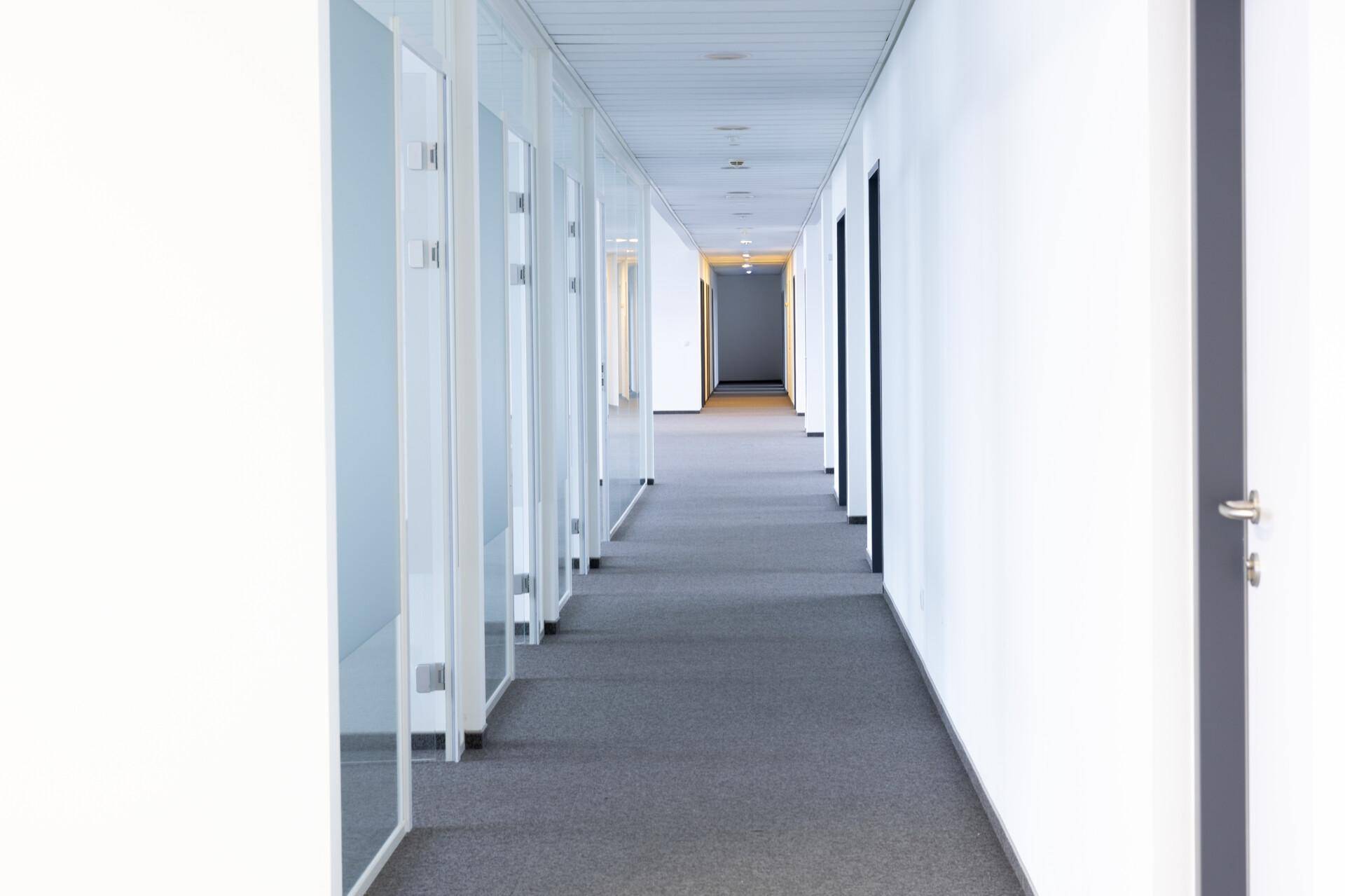 Langer Bürogang mit Glaswänden zu den Büros und grauem Teppichboden, der eine helle und professionelle Atmosphäre schafft.