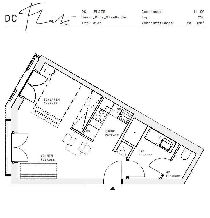 Grundriss einer 32m² Wohnung im 11. Obergeschoss mit Schlaf-, Wohn-, Küchen- und Badbereich.