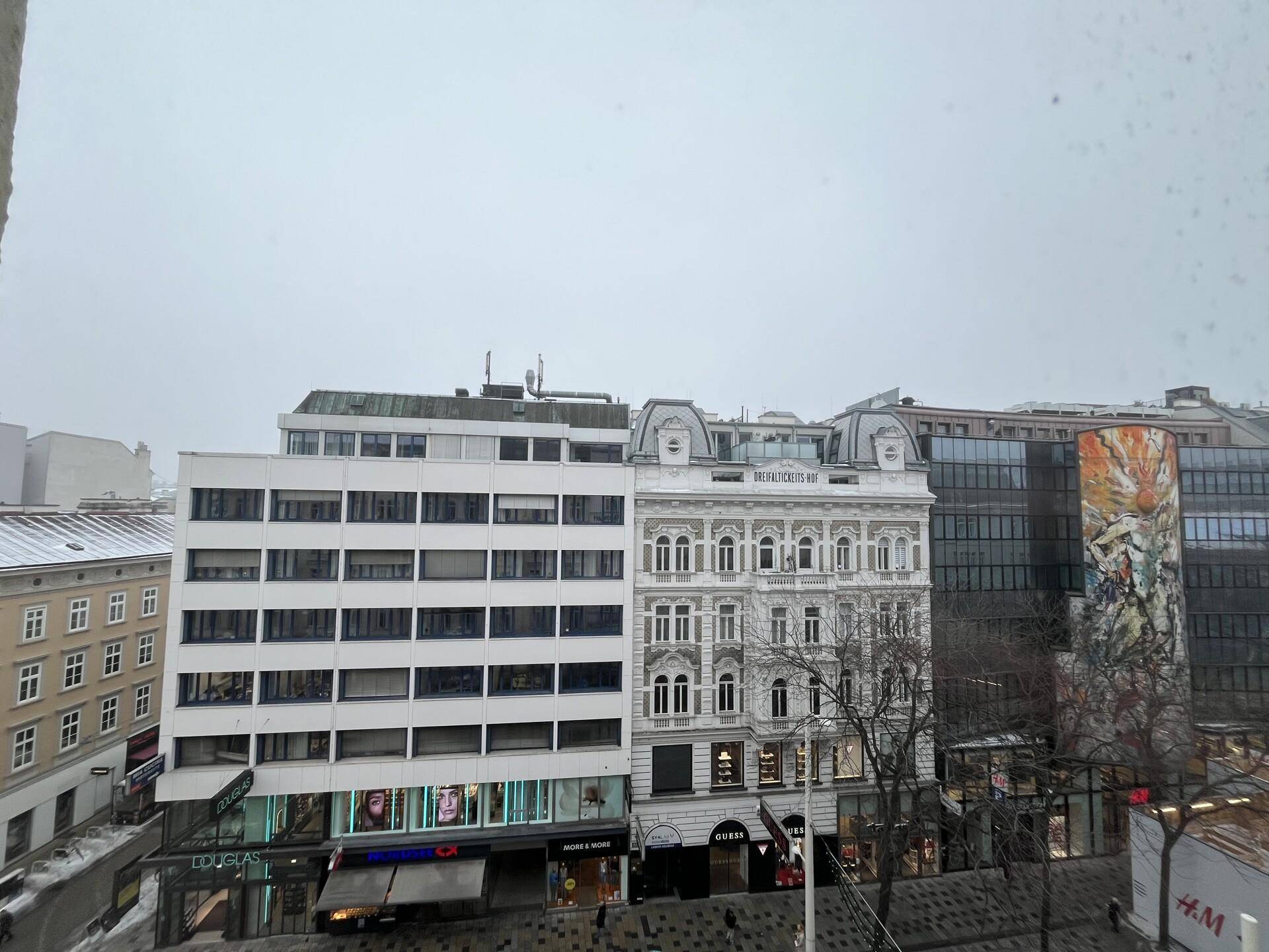 Blick auf die belebte Stadtstraße mit verschiedenen Geschäftsgebäuden und Passanten.