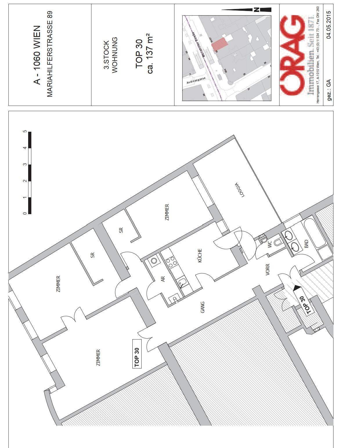 Grundriss der Wohnung Top 30 mit drei Zimmern, Küche, Bad und Loggia.