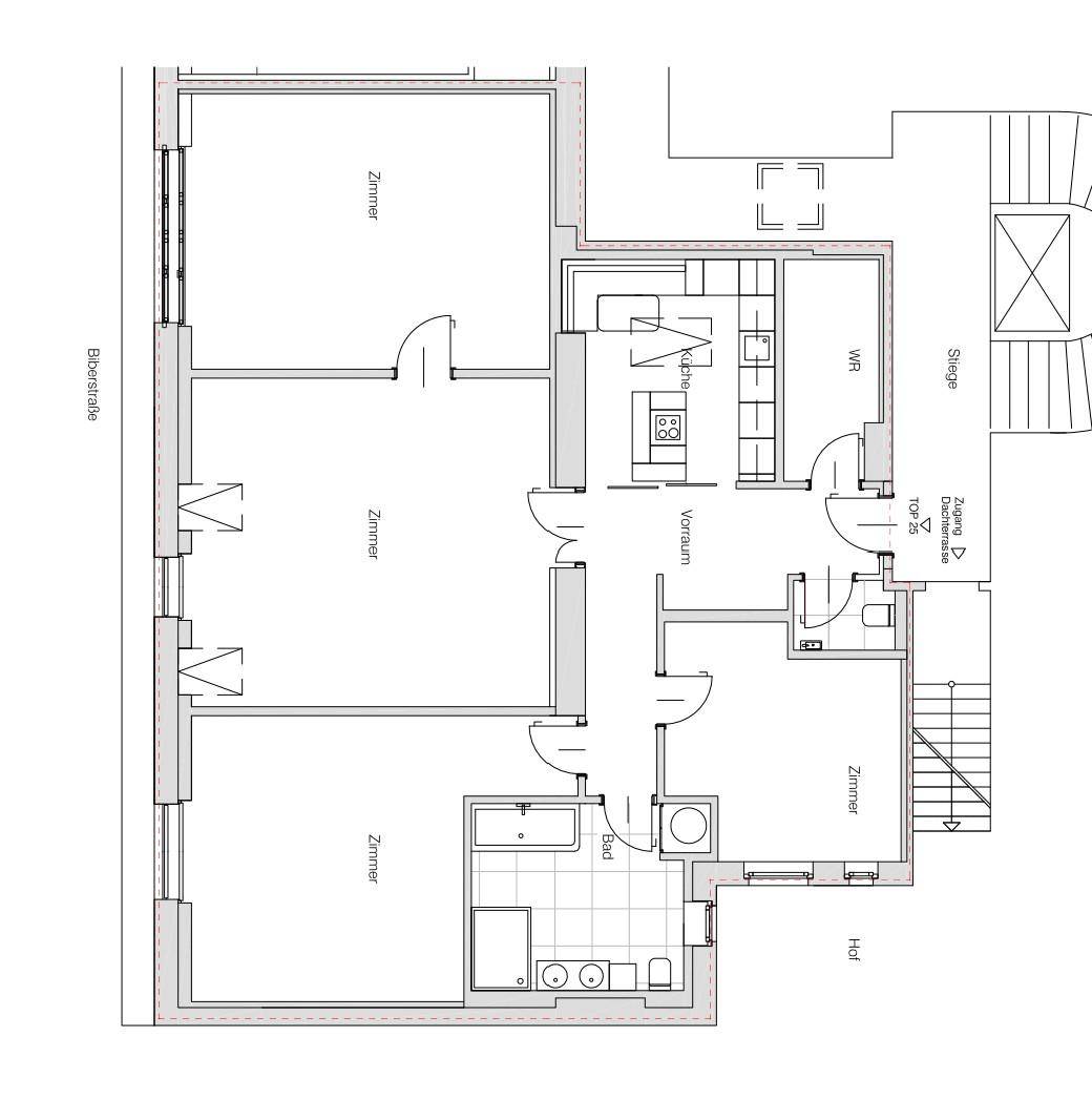 Detaillierter Grundrissplan mit mehreren Zimmern, Küche, Bad und Treppenhaus.