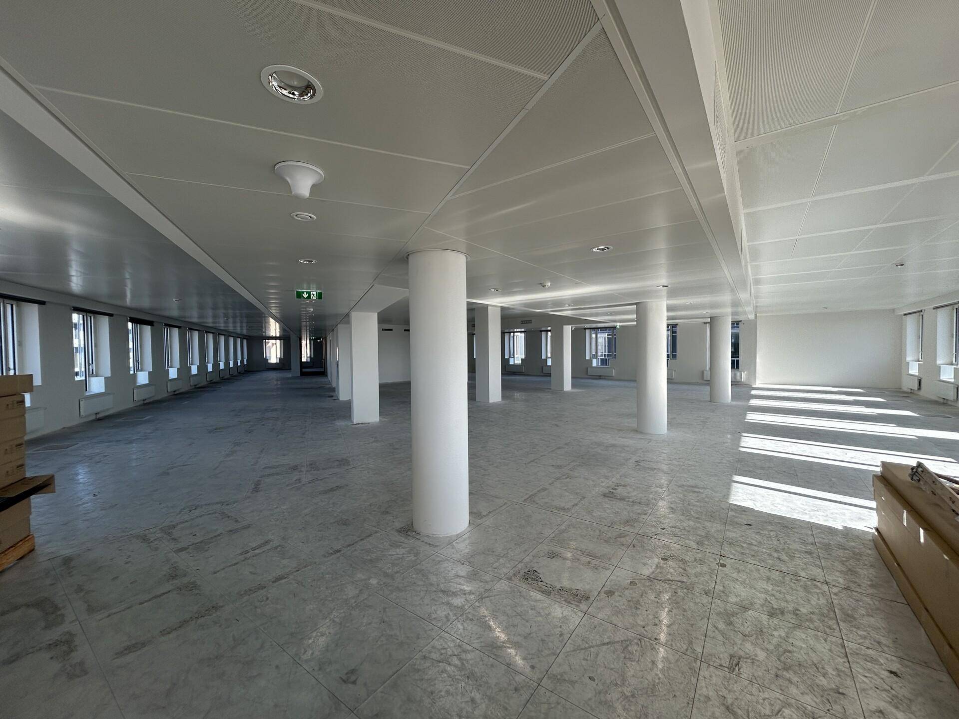 Geräumiger, leerer Büroraum mit vielen Säulen, abgehängter Decke und großen Fenstern für viel Tageslicht.