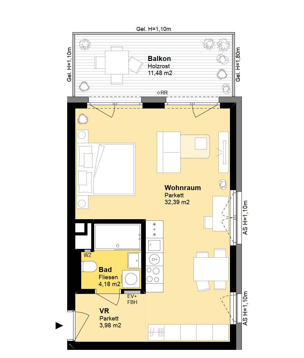Grundriss einer Wohnung mit Wohnraum, Bad und Balkon von 11,48 m².
