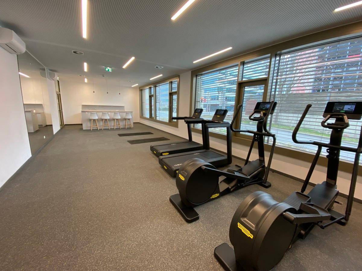 Geräumiger Fitnessbereich mit Laufbändern, Crosstrainern und einer Bar im Hintergrund.