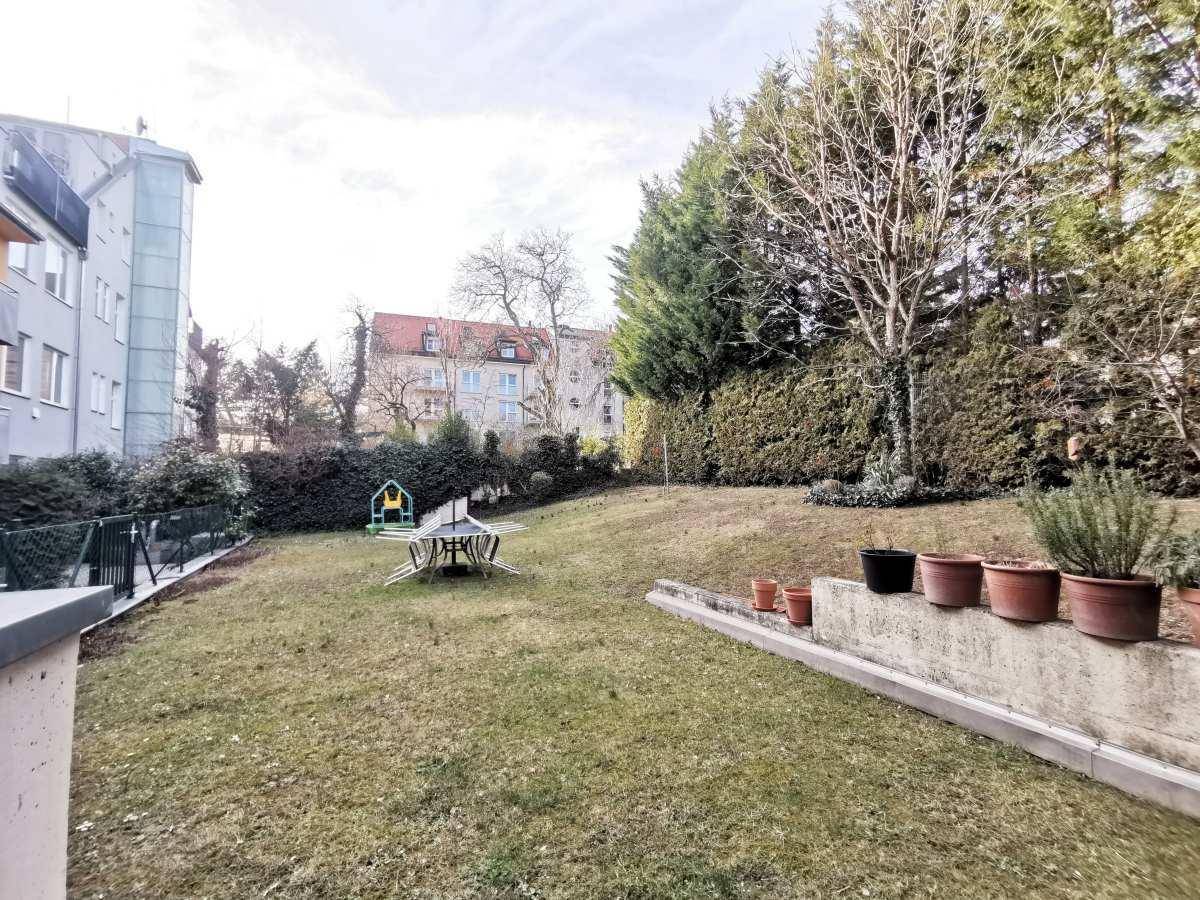 Gemeinschaftlicher Gartenbereich mit Rasenfläche, Bäumen und einer kleinen Sitzecke.