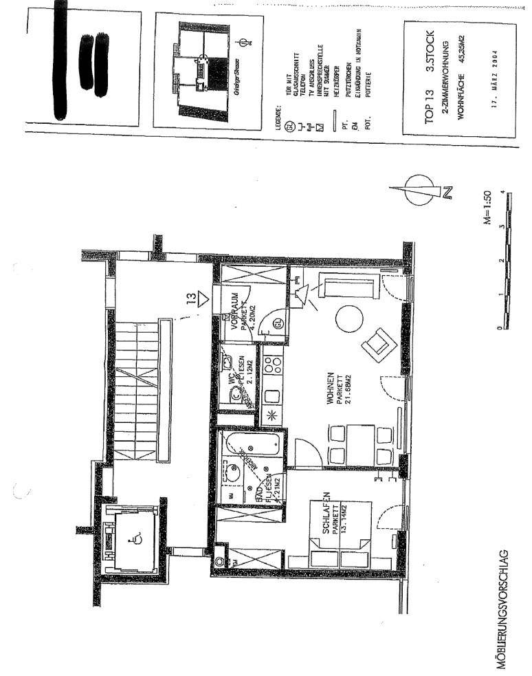Grundriss einer 2-Zimmer-Wohnung mit Wohn-, Schlafzimmer, Bad und separatem WC.