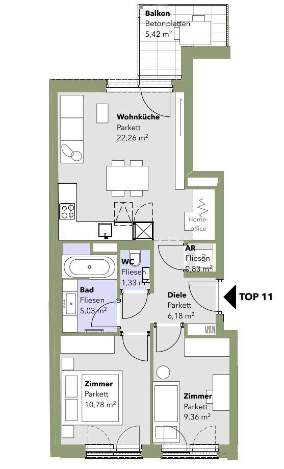 Grundriss einer Wohnung mit Wohnküche, zwei Zimmern, Bad und Balkon.