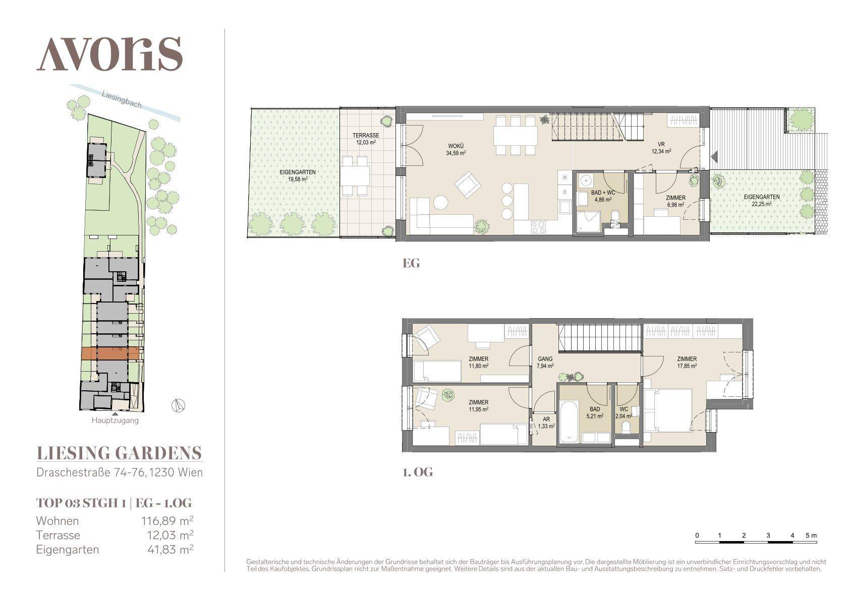 Detaillierter Grundriss eines Hauses über zwei Etagen mit Terrasse und Eigengarten.