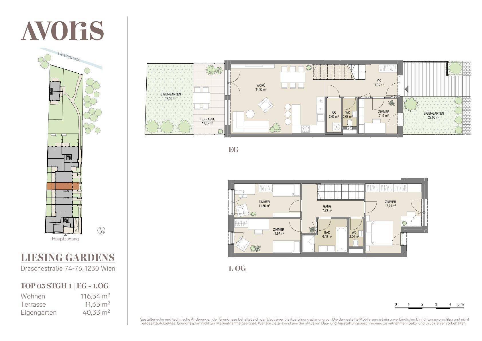 Grundriss einer Wohnung über zwei Etagen mit Terrasse und eigenem Garten.