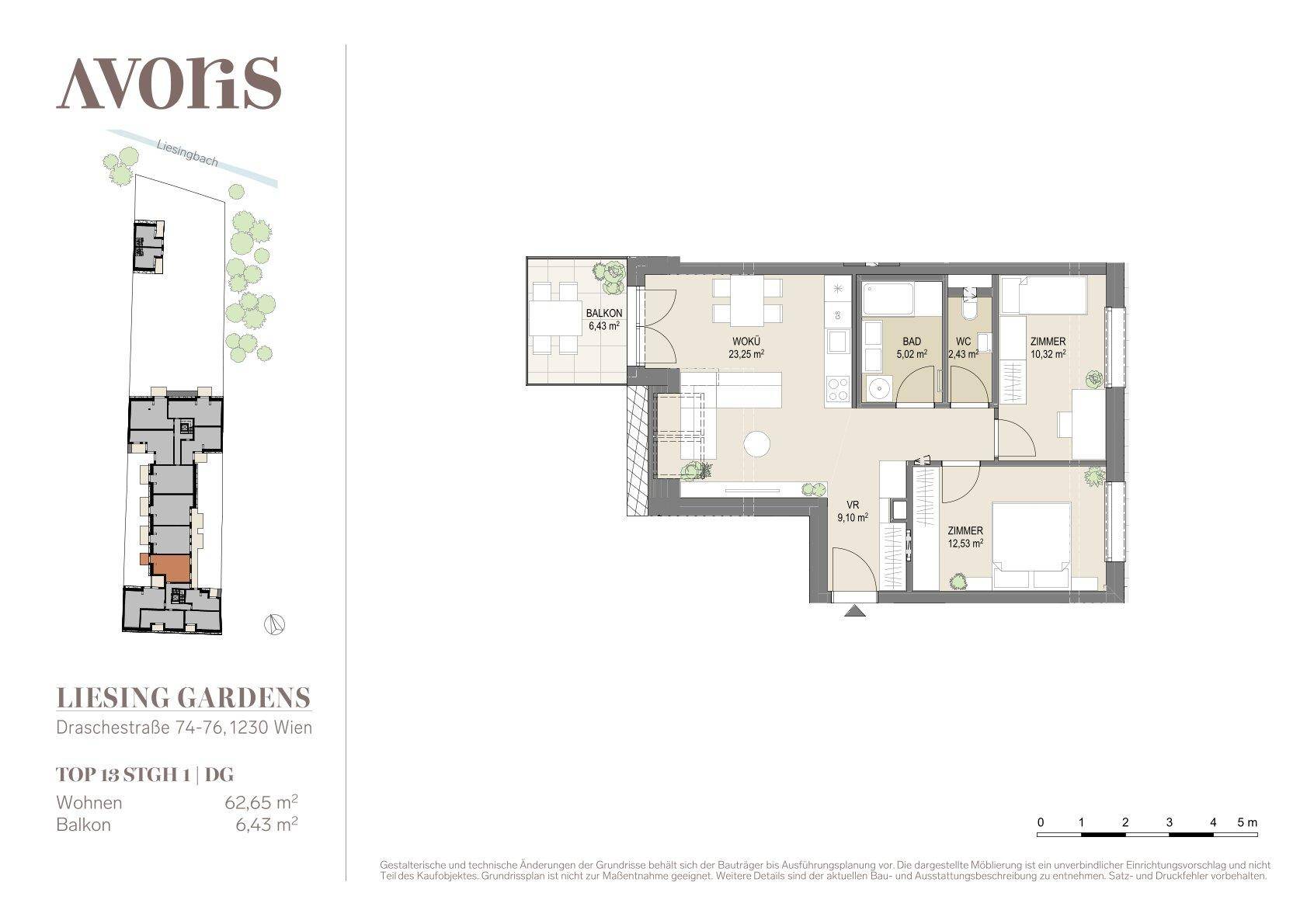 Detaillierter Grundriss einer Wohnung mit Balkon, Schlafzimmern und offenem Wohnbereich.