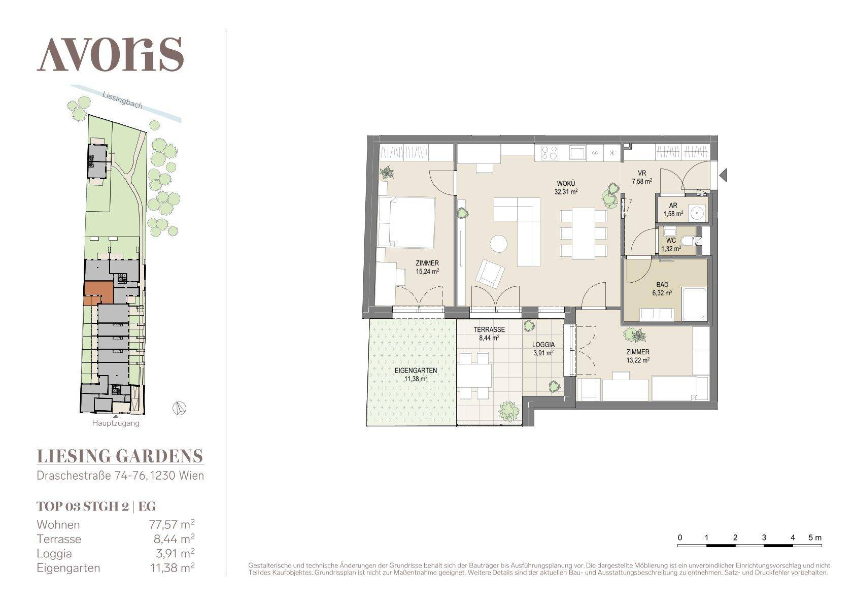 Detaillierter Grundriss einer Wohnung mit Terrasse, Loggia und Eigengarten.