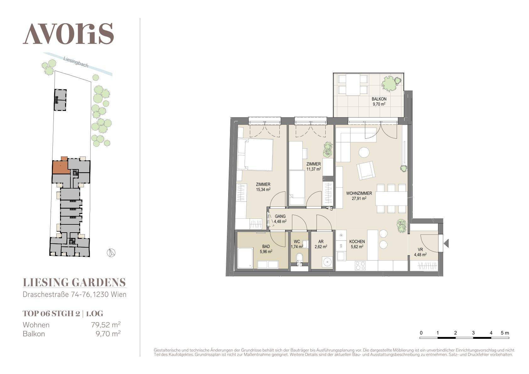 Detaillierter Grundriss einer Wohnung mit zwei Schlafzimmern, Balkon und offenem Wohnbereich.