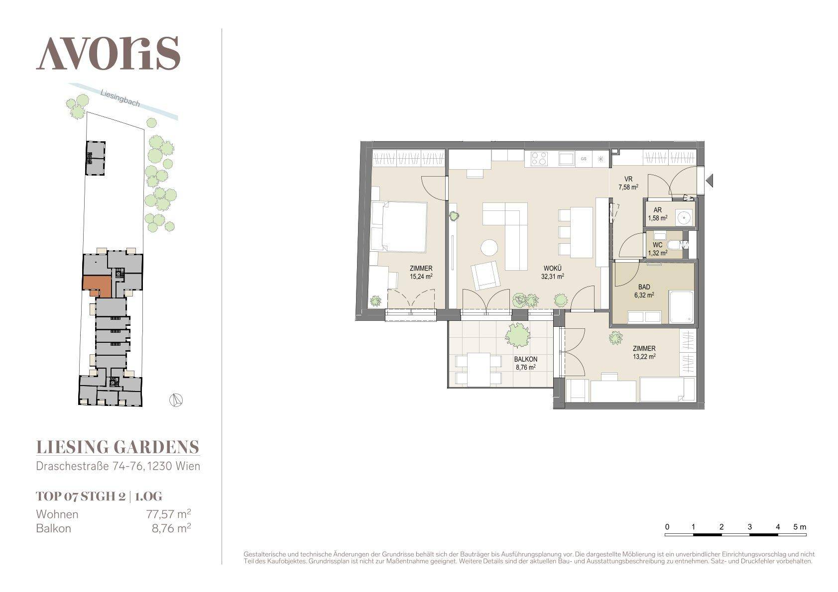 Grundriss der Wohnung Top 07 mit 3 Zimmern, Balkon und einer Wohnfläche von 77,57 m².