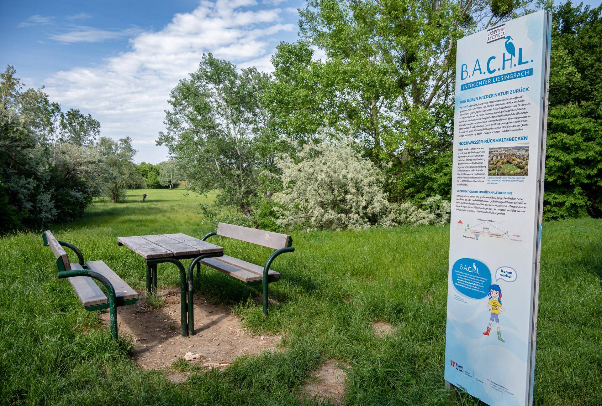 Grüne Landschaft mit Sitzgelegenheiten und Informationstafel in natürlicher Umgebung.