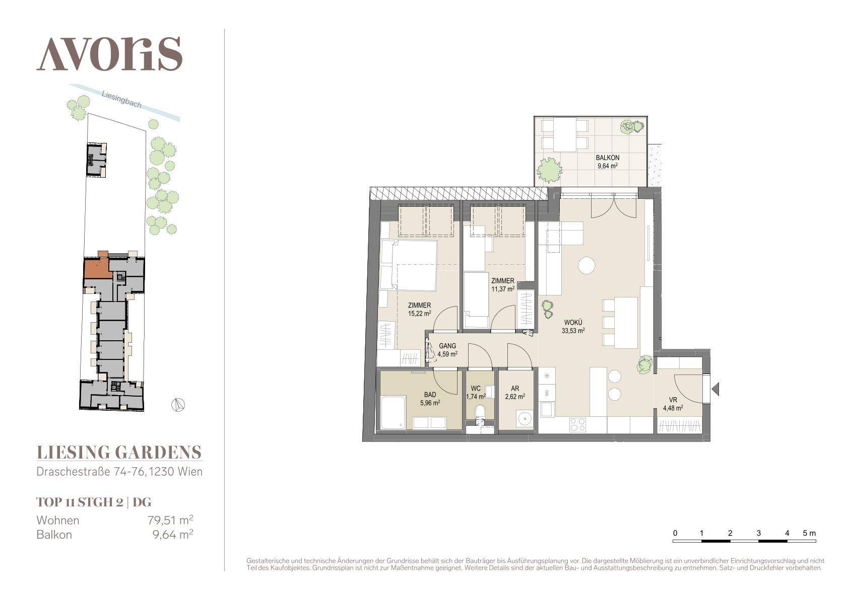 Grundriss einer Wohnung mit drei Zimmern, Balkon, Bad, separatem WC und offenem Wohnbereich.