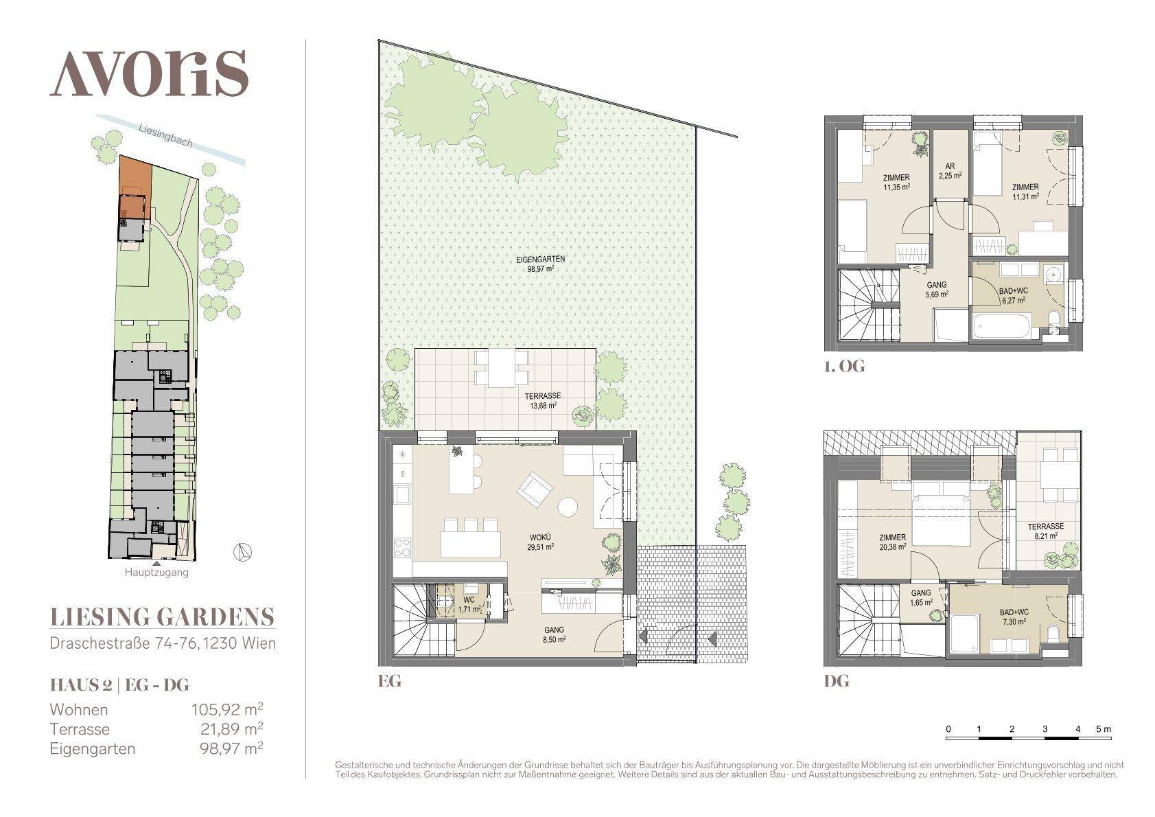 Detaillierter Grundriss für Haus 2, zeigt die Aufteilung von Erdgeschoss, Obergeschoss und Dachgeschoss.