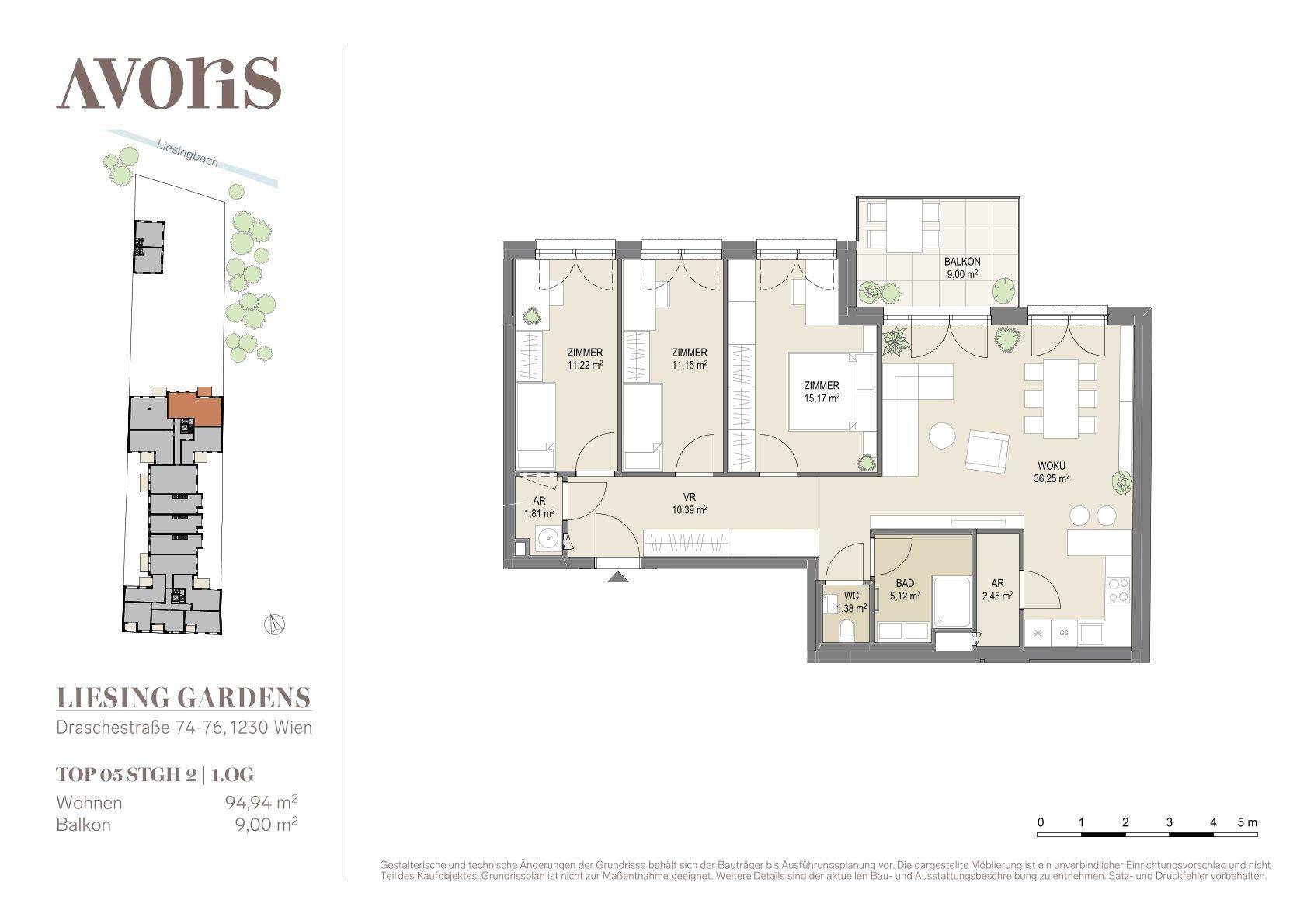 Detaillierter Grundriss einer Wohnung mit drei Zimmern, Balkon und offenem Wohnbereich.