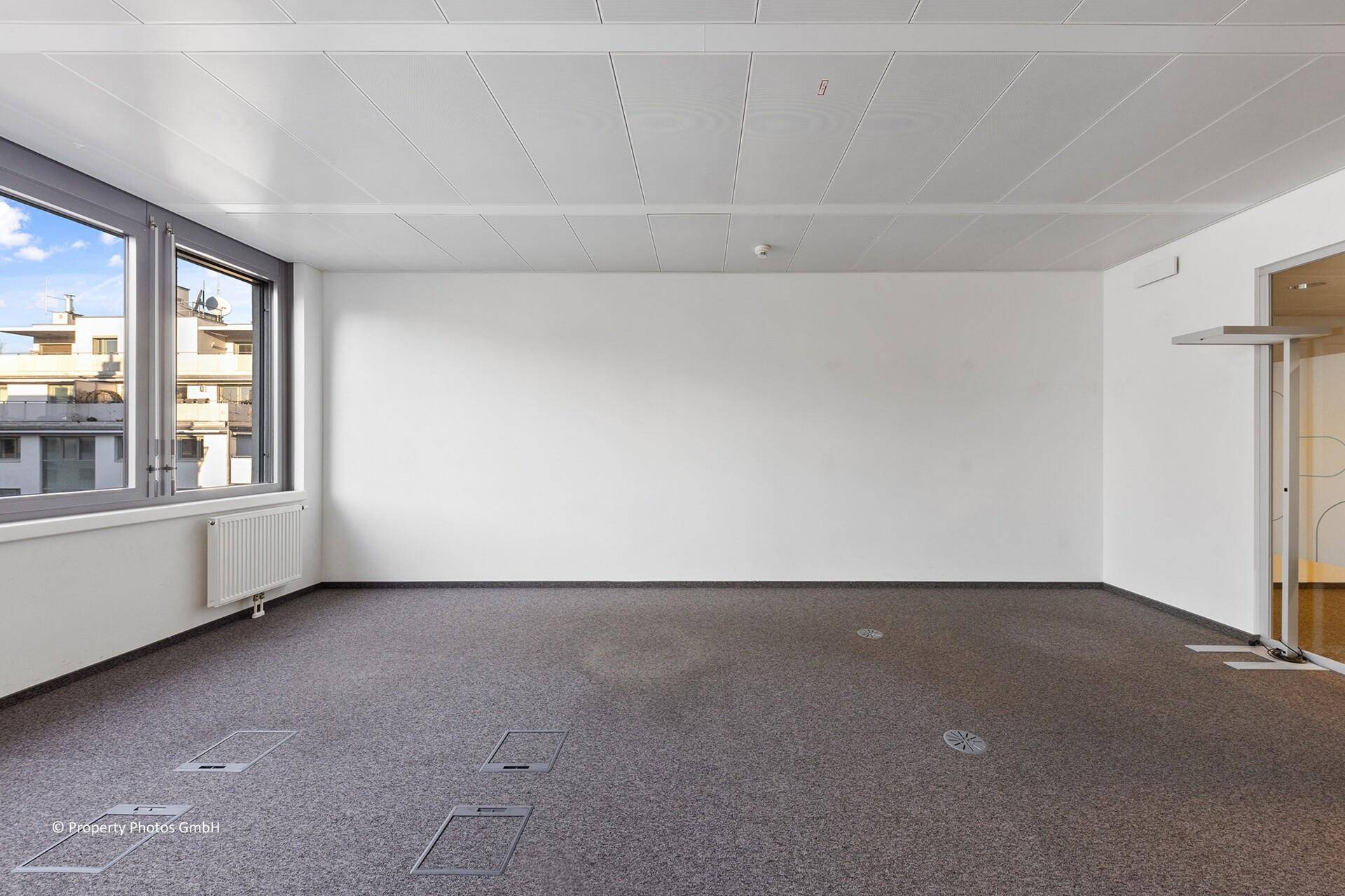 Helles, leeres Büro mit Teppichboden, großen Fenstern und weiß gestrichenen Wänden, bereit zur Einrichtung.